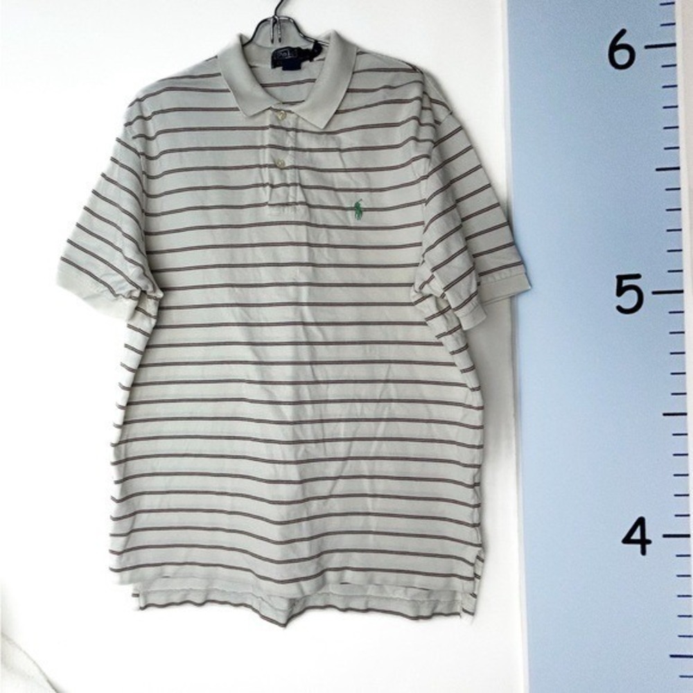 Polo by Ralph Lauren White & Brown Stripes Polo Shirt‎ Green Pony Logo Men Large